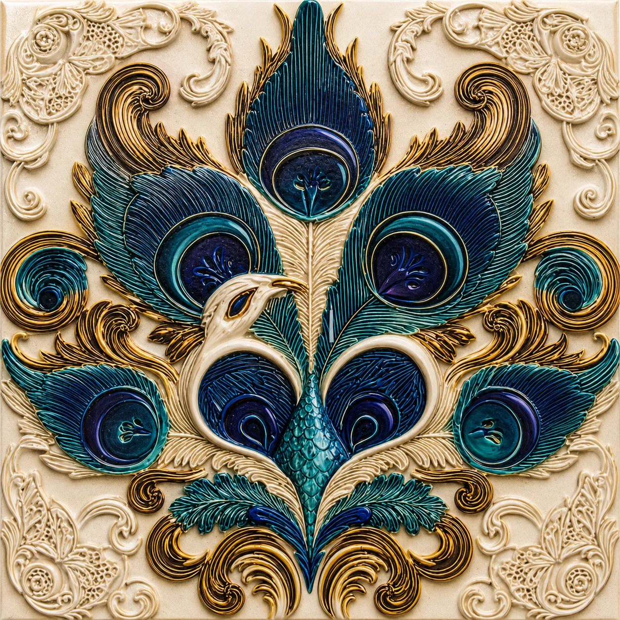 Decorative ceramic peacock art tile