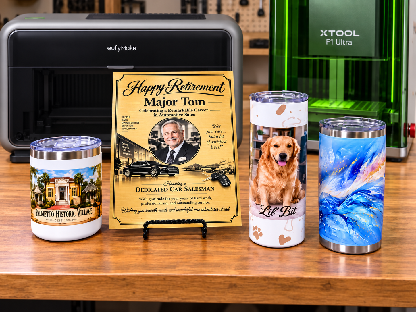 Bichon and Beam custom printed tumblers and a personalized retirement plaque in the production studio